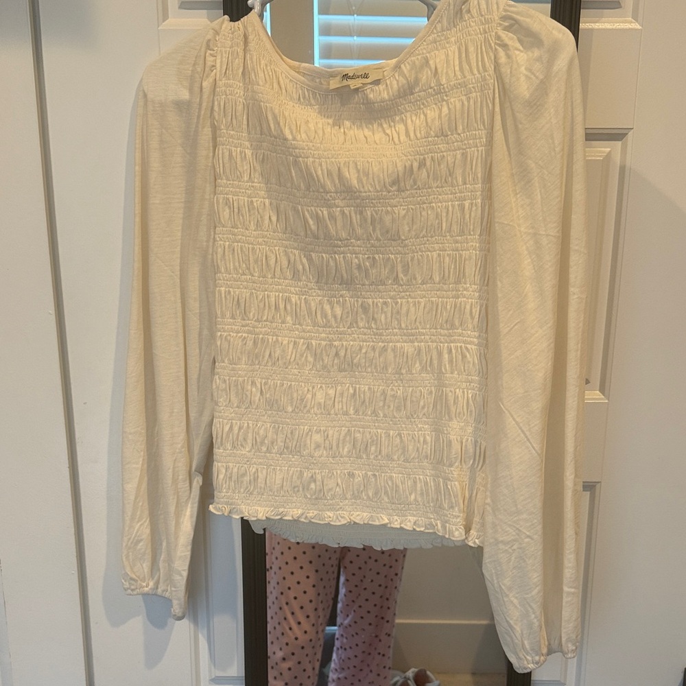 Madewell Cream Smocked Long Sleeve Blouse